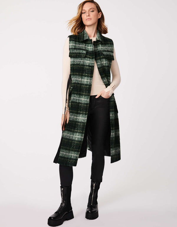 fun cool weather look with 2023 fall winter season with green long plaid wool vest in below knee length