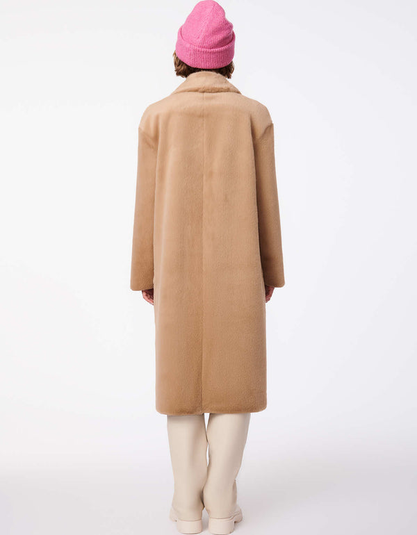 below the knee length light brown long maxi coat for women made of the softest faux fur