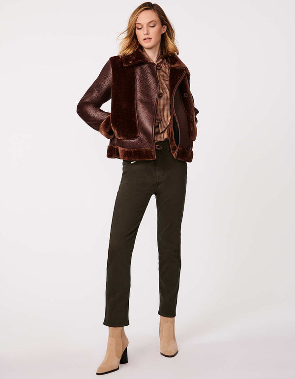 shop for sustainable womens clothing with Bernardo Fashions buy this brown vegan fur and vegan leather jacket for women