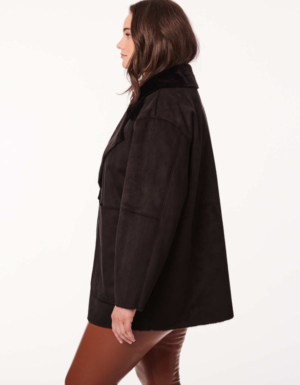 womens outerwear for fall is this black jacket with vegan shearling in classic fit up to the hip length jacket