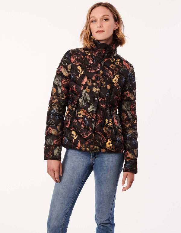 semi fitted and non bulky multi functional puffer jacket with flower prints made of sustainable filler for insulation