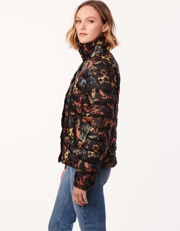 ladies activewear jacket with artistic blooms as print featuring zipper hand pockets and snap closures