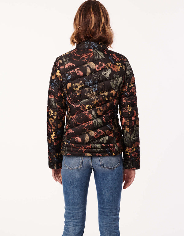 soft lightweight packable winter puffer jacket with flower prints as a unique outerwear for women
