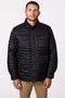 mens puffer jacket in black with quilted rows and patch pockets and stand collar 