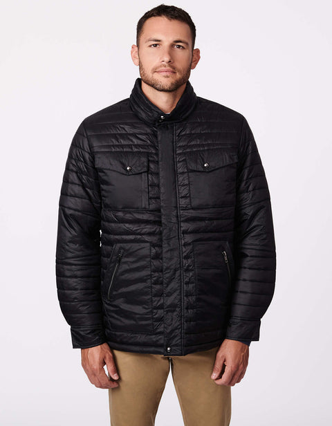 mens puffer jacket in black with quilted rows and patch pockets and stand collar 