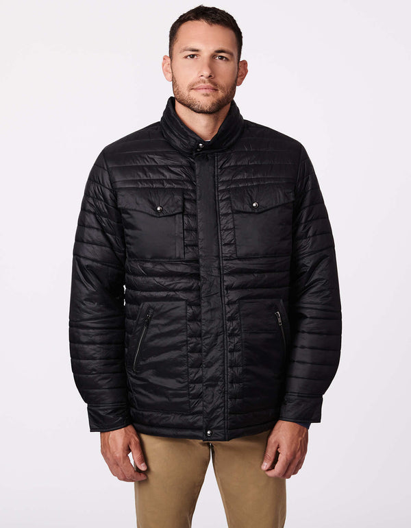 mens puffer jacket in black with quilted rows and patch pockets and stand collar