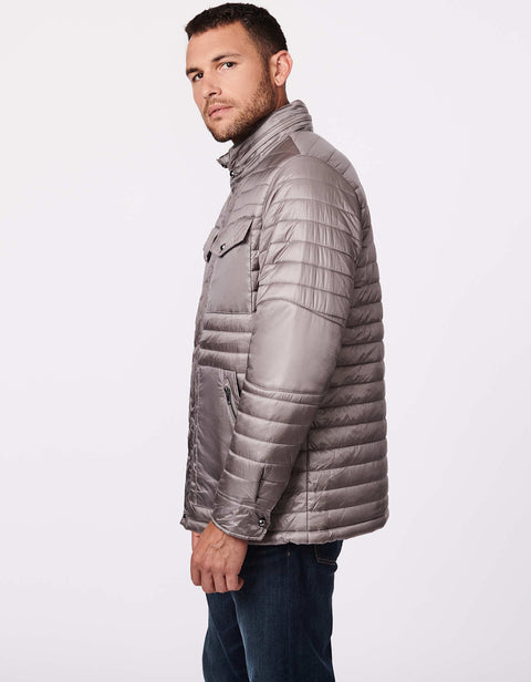 lightweight non bulky puffer jacket for men with pack away hood in color black 
