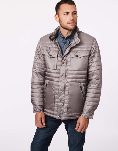 mens classic fit hip length puffer jacket with cruelty free filler for insulation for a warm winter 