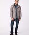 mens hooded puffer jacket for winter with sustainable insulation made from 100percent recycled post consumer plastic bottles in gray
