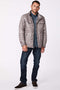 mens hooded puffer jacket for winter with sustainable insulation made from 100percent recycled post consumer plastic bottles in gray