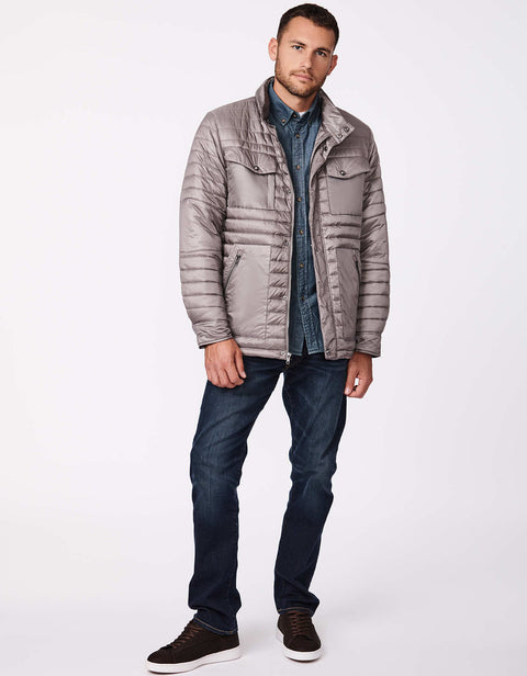 mens hooded puffer jacket for winter with sustainable insulation made from 100percent recycled post consumer plastic bottles in gray