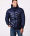 navy hooded puffer jacket for men crafted with a mix of fabrics and EcoPlume filler to keep you warm this winter