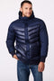 navy hooded puffer jacket for men crafted with a mix of fabrics and EcoPlume filler to keep you warm this winter