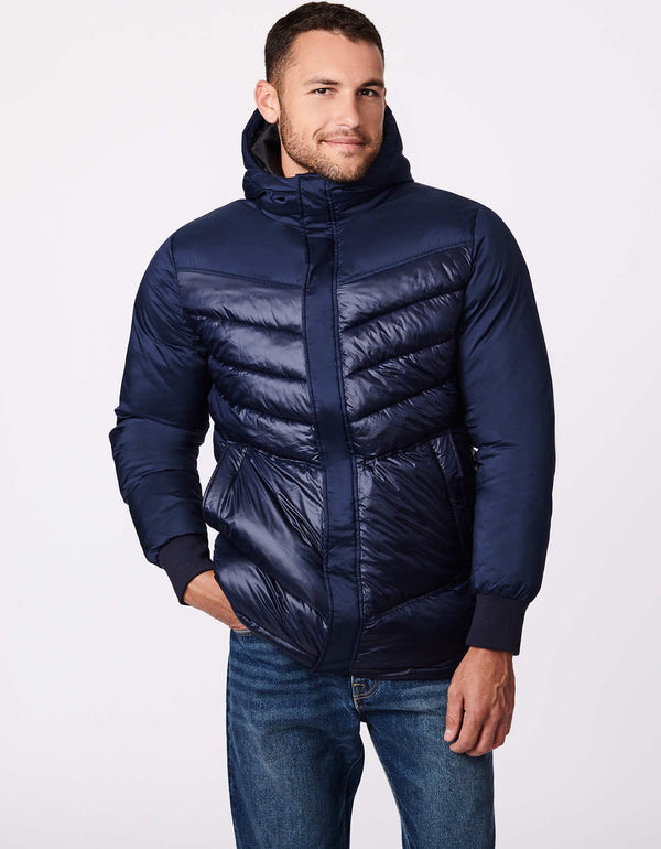 navy hooded puffer jacket for men crafted with a mix of fabrics and EcoPlume filler to keep you warm this winter