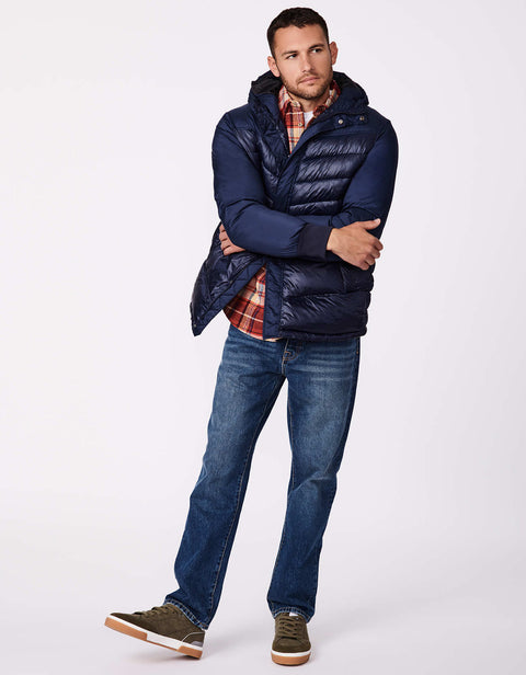 winter jacket for men in navy blue with hood yoke sleeves and hood sans stitching for a fabric mix 