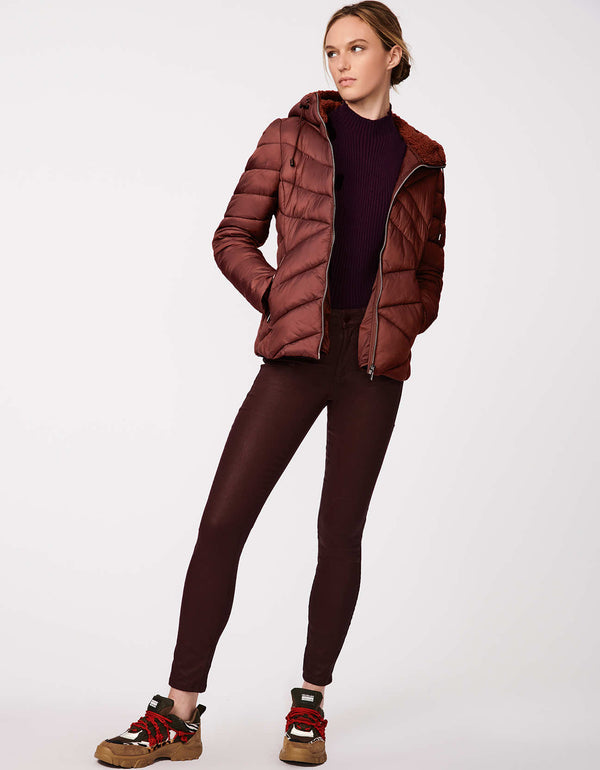 ladies brown activewear jacket in hip length sleek fit sheen with sustainable filler for insulation