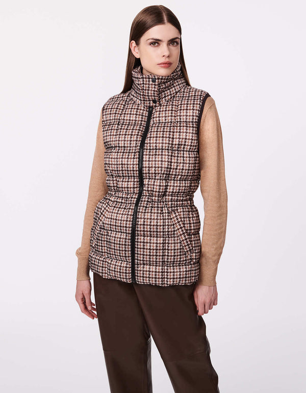 do ethical shopping at Bernardo Fashions website that offers this womens puffer vest in earth toned houndstooth for 2023 outerwear