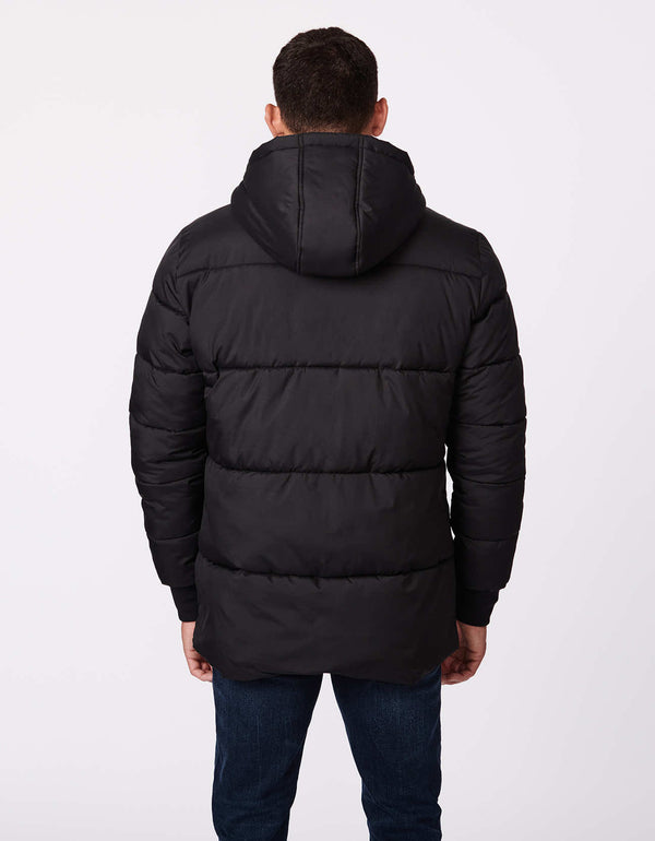sustainable clothing brand Bernardo stocks this black outerwear for men with sustainable Ecoplume insulation