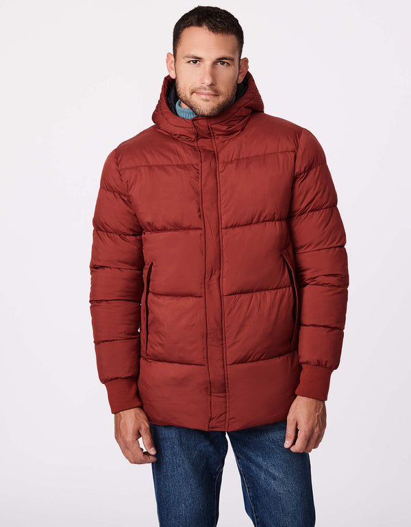 buy outerwear for men at Bernardo that stocks this classic fit hip length winter puffer jacket in russet brown