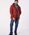mens lightweight and non bulky winter puffer jacket with hood and hand pockets in russet brown