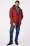 mens lightweight and non bulky winter puffer jacket with hood and hand pockets in russet brown