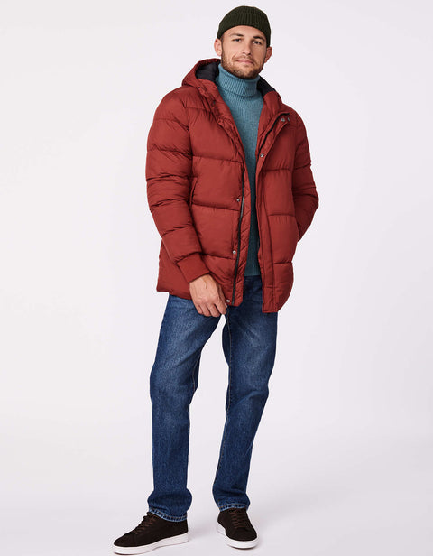 mens lightweight and non bulky winter puffer jacket with hood and hand pockets in russet brown