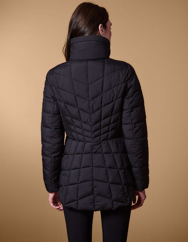 black color puffer jacket outerwear with stand collar quilted body and zip pockets part of style for work during winter in the US