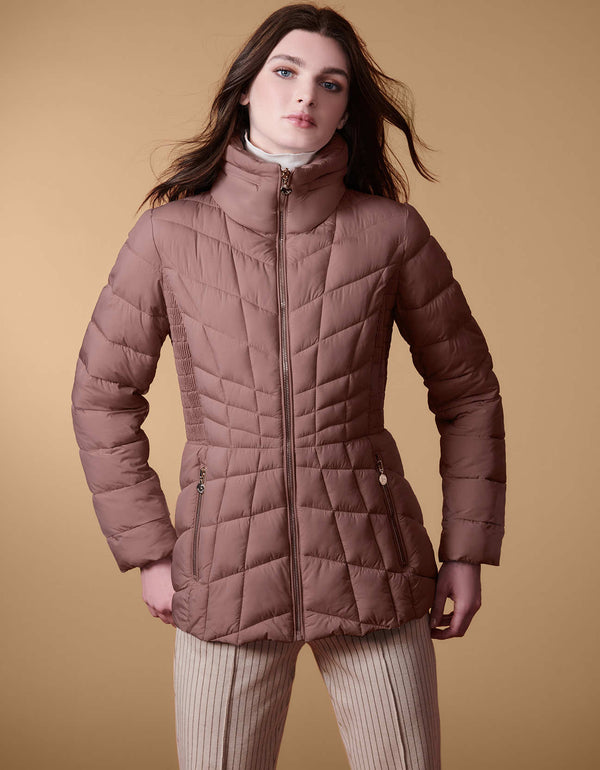 packable winter puffer jacket for women with hidden hood collar and knit insert available in peppercorn
