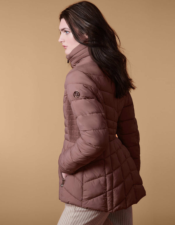 non bulky hip length womens puffer jacket made of cruelty free sustainable filler available in peppercorn color