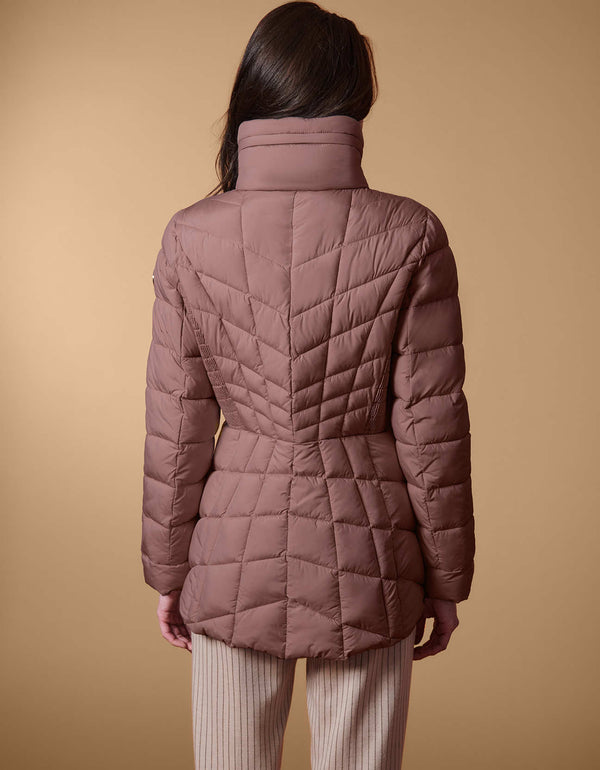 peppercorn color puffer jacket outerwear with stand collar quilted body and zip pockets part of style for work during winter in the US