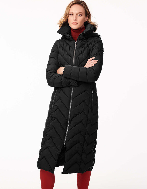 semi fitted below the knee length womens long puffer coat in black for heavy winter with non bulky filler and removable hood