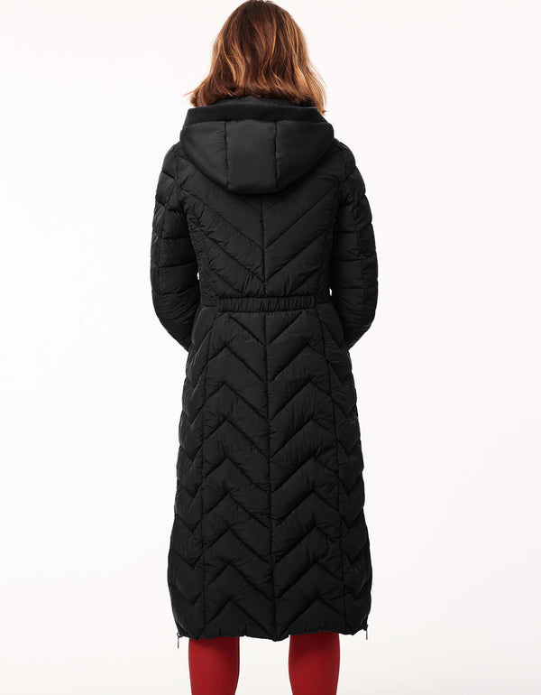 modern womens coats heavy winter coat in black with long puffer style Ecoplume sustainable filler, removable hood, and two-way zipper