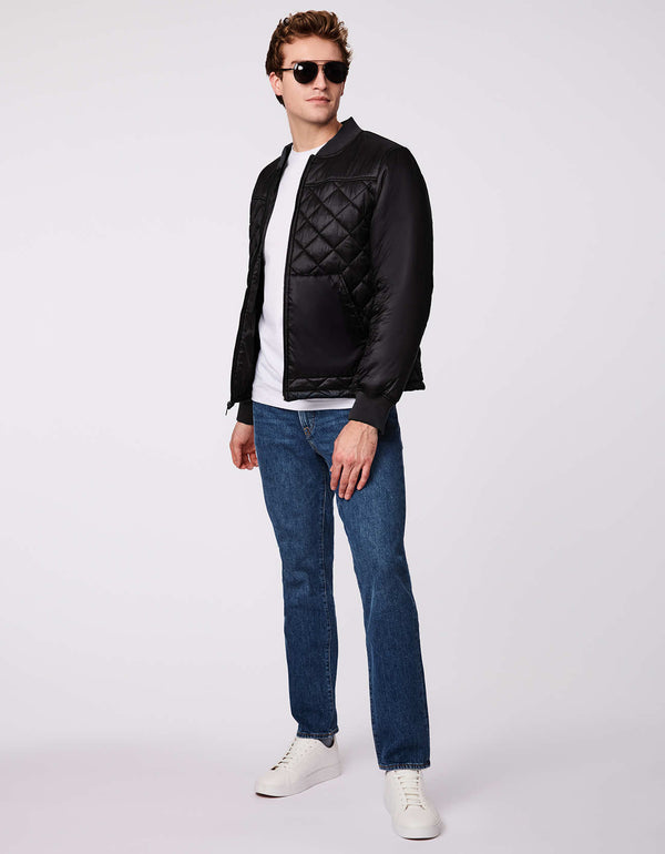 classic quilted mens puffer jacket in black with hand pockets and sustainable filler for insulation as fall clothing essential for men