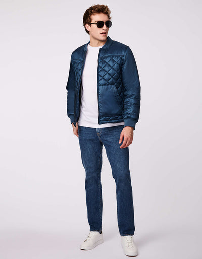 stay warm in a quilted mens puffer jacket for winter in blue teal wing with EcoPlume insulation