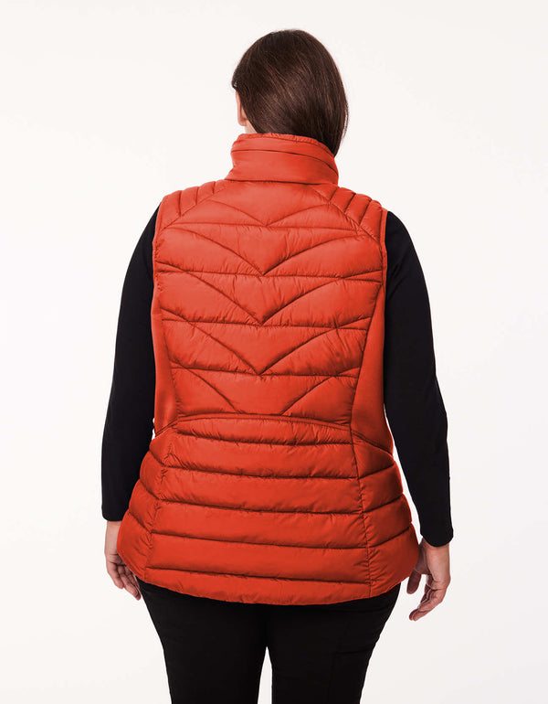 transitional vest for plus sized women in orange color designed for a fashionable fall outerwear