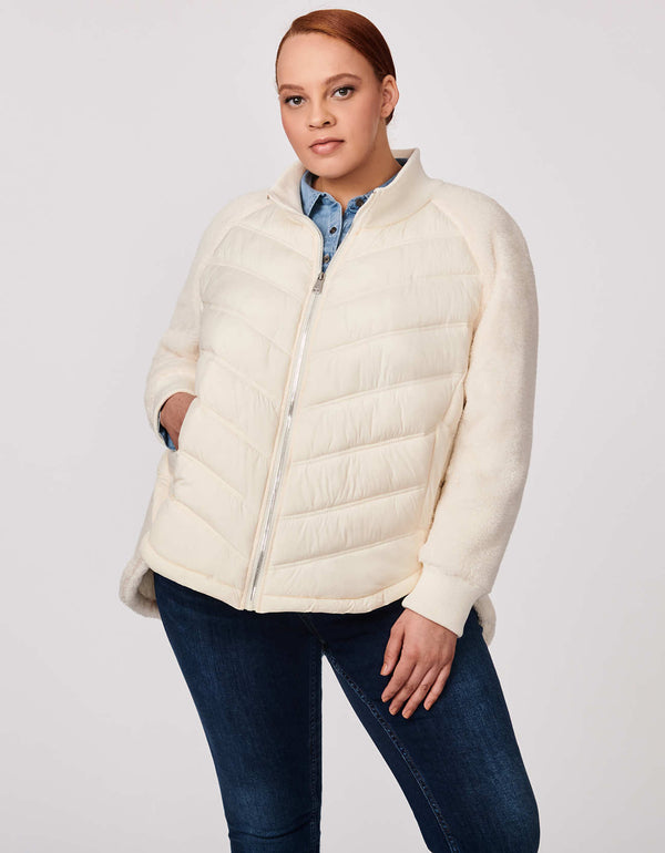 classic fit stylish quilted puffer jacket in warm white in plus size with fake fur sleeves as outerwear this 2023 fall winter season