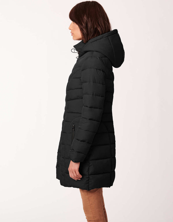 black trendy puffer coat jacket made with 100percent recycled insulation for chilly weather designed for maximum movement and comfort