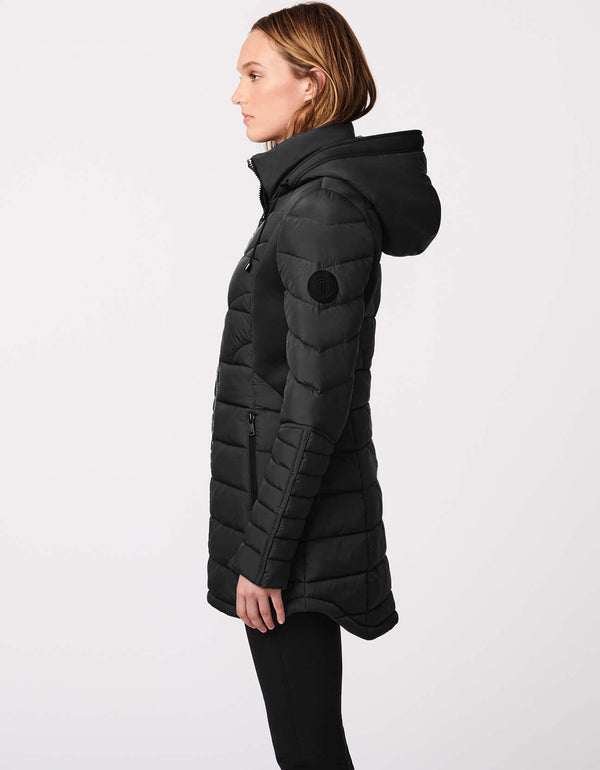 slim fit mid length black padded outerwear with zipers and mid length silhouette that is filled with ecoplume insulation