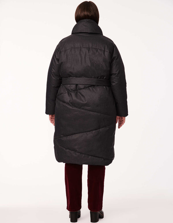 warm puffer coat in plus size with self-tie belt as fashionable clothing for women made with recycled materials
