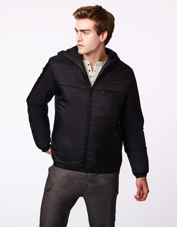 mens zip puffer jacket with two chest pockets and two hand pockets made of cruelty free filler for insulation