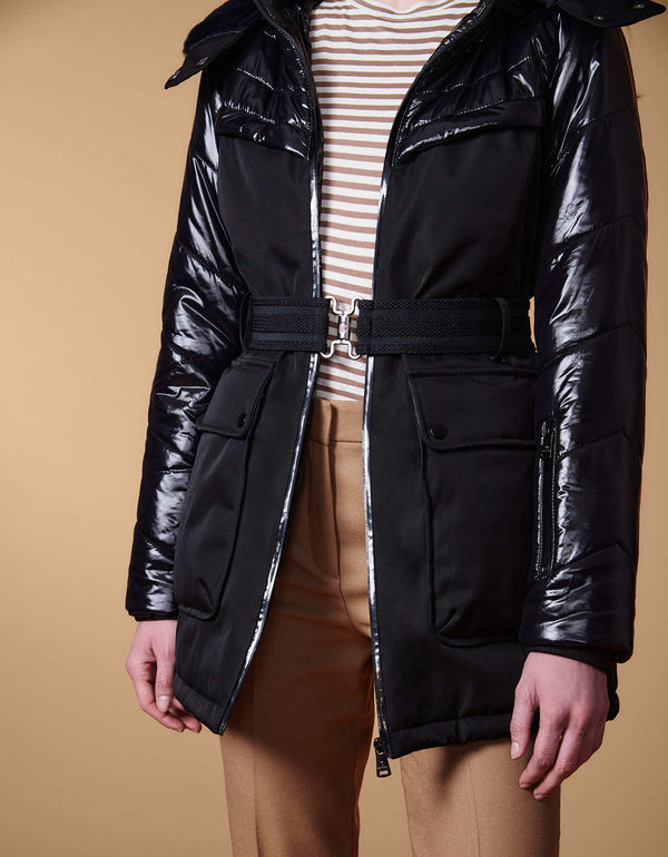 unique contemporary mid length puffer jacket for women with stretchable belt and double entry pockets