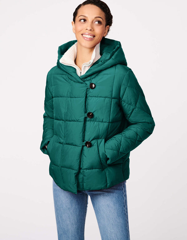 womens slim fit hip length green hooded puffer jacket with square stitching and sustainable filler