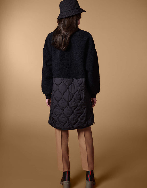 tall womens coats made of soft vegan fur and quilted puffer in black
