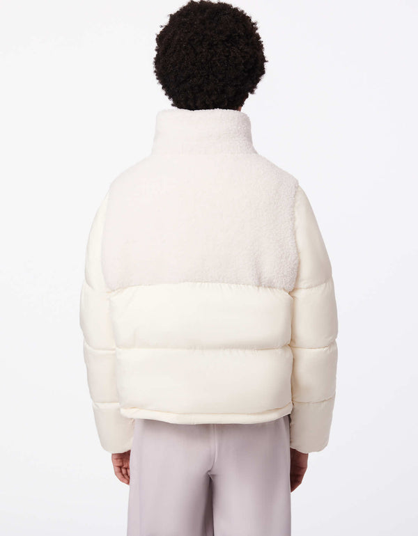 classic fit hip length puffer jacket in warm white color with vegan fur recycled fabric and concealed closure placket