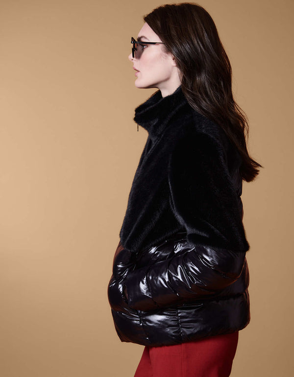 buy womens jacket online like this glossy black winter puffer jacket with mink fur
