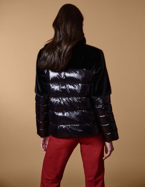 unique jackets for women glossy black faux fur puffer jacket with cruelty free vegan materials and Ecoplume sustainable filler