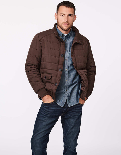 mens classic puffer jacket for everyday use with button closures funnel collar and Ecoplume sustainable filler