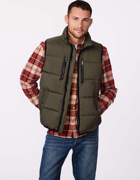 olive colored puffy vest for men with a classic and hip length fit made from recycled materials 