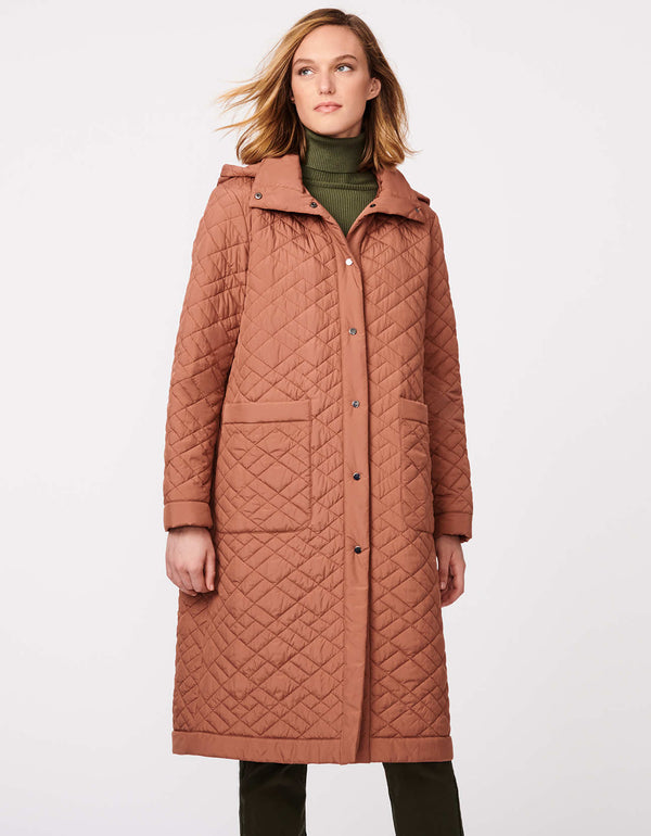 outerwear for women copper color quilted puffer coat with oversized fit and longer knee length