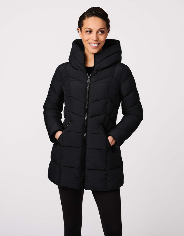 ladies mid length puffer jacket with a wide funnel collar and plush hood